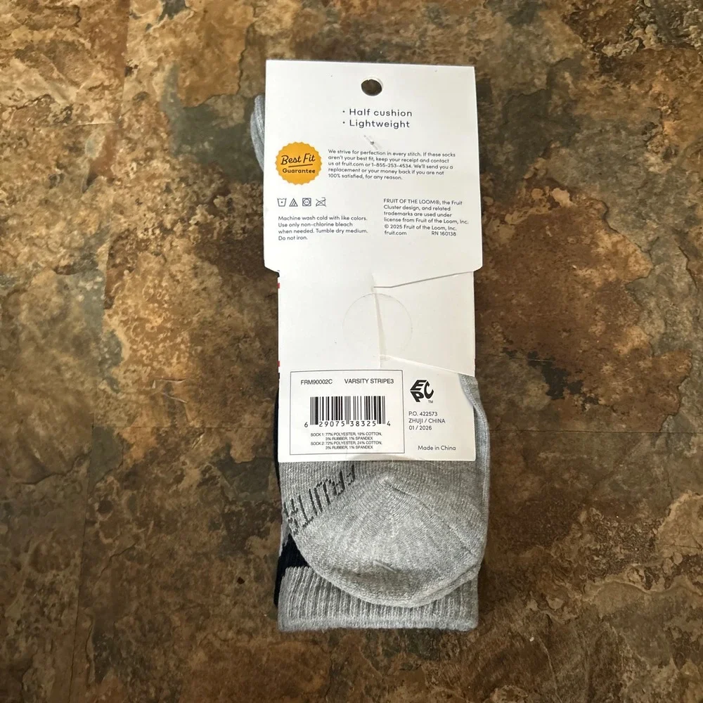 Fruit Of The Loom 2 Pair Crew Mens Shoe Size 6-12 Navy Blue Gray Sock
